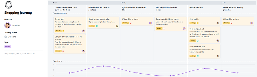 User journey map showing the steps an expat takes when buying groceries in the Netherlands, with frustrations at each stage